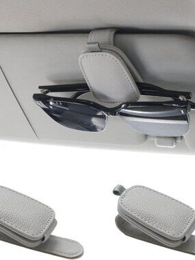 2 Sunglass Holder for Car Magnetic Leather Sunglasses Holder Card Clip Grey